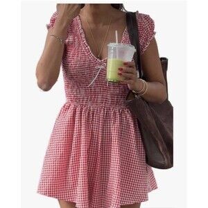 Women's Gingham Rompers, V-Neck, Wide Leg, Puff Sleeve, M